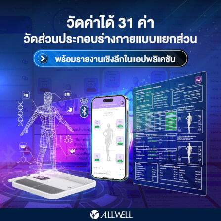 เครื่องชั่งน้ำหนักวัดมวลกาย ALLWELL รุ่น BODYA-PRO 8 อิเล็กโทรด วัดได้ 31 ค่า เชื่อมต่อแอปพลิเคชันได้ สีดำ_1